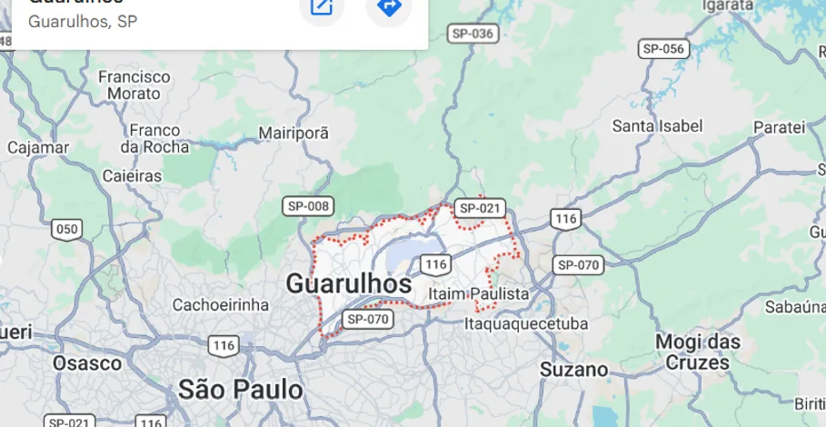 Mapa da cidade de Guarulhos e região metropolitana de São Paulo, destacando a área de atendimento
