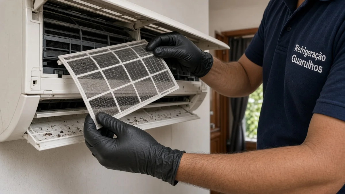 Maos limpando filtro evaporadora split bandeja condensado, em residência brasileira, com técnico Refrigeração Guarulhos e materiais e ferramentas ao lado.