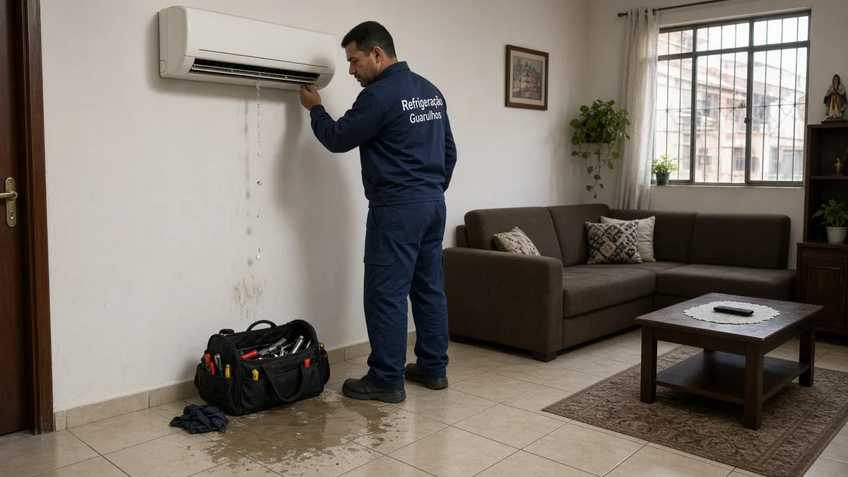 Técnico Refrigeração Guarulhos: split interno pingando agua com poca no piso sala brasileira, em cozinha residencial brasileira com luz natural realista.