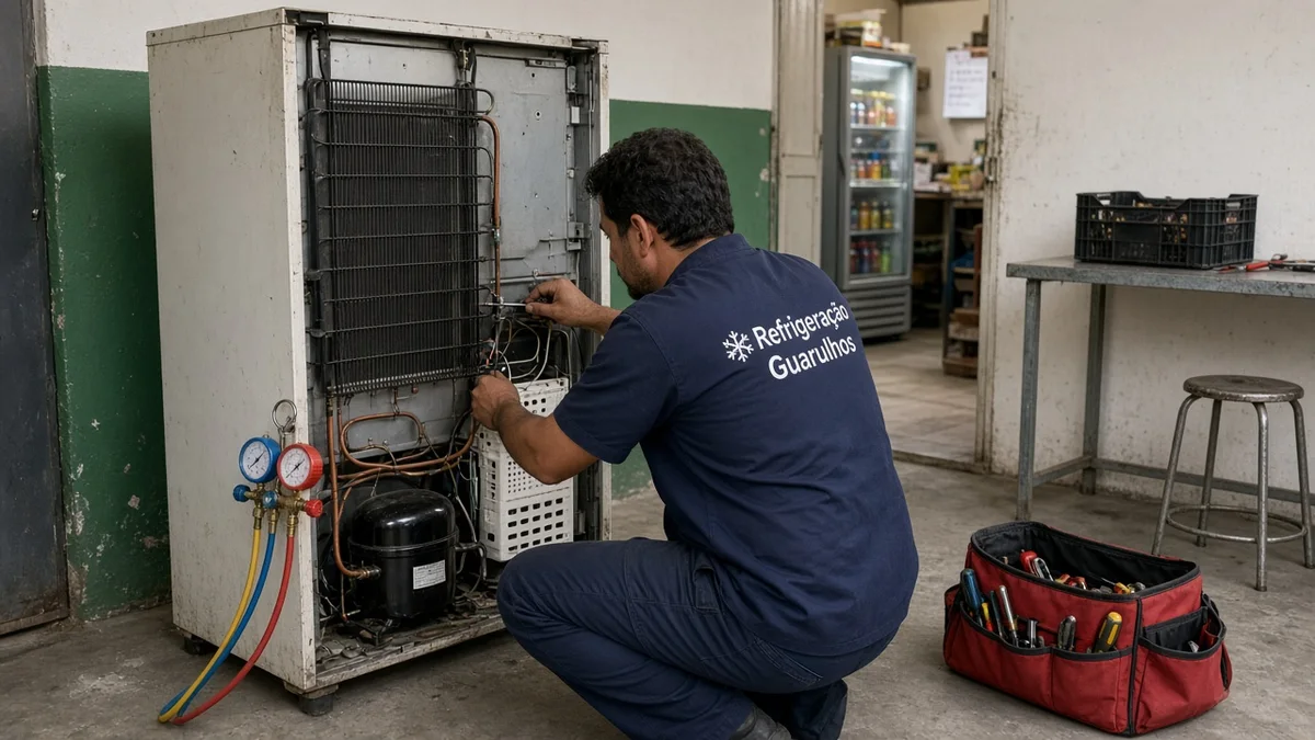 Técnico Refrigeração Guarulhos: tecnico inspeciona parte traseira da geladeira com ferramentas, em cozinha residencial brasileira com luz natural realista.