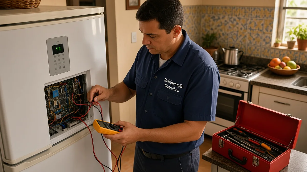 Técnico da Refrigeração Guarulhos analisa a placa de controle e o painel de uma geladeira Brastemp com multímetro e ferramentas em cozinha residencial.