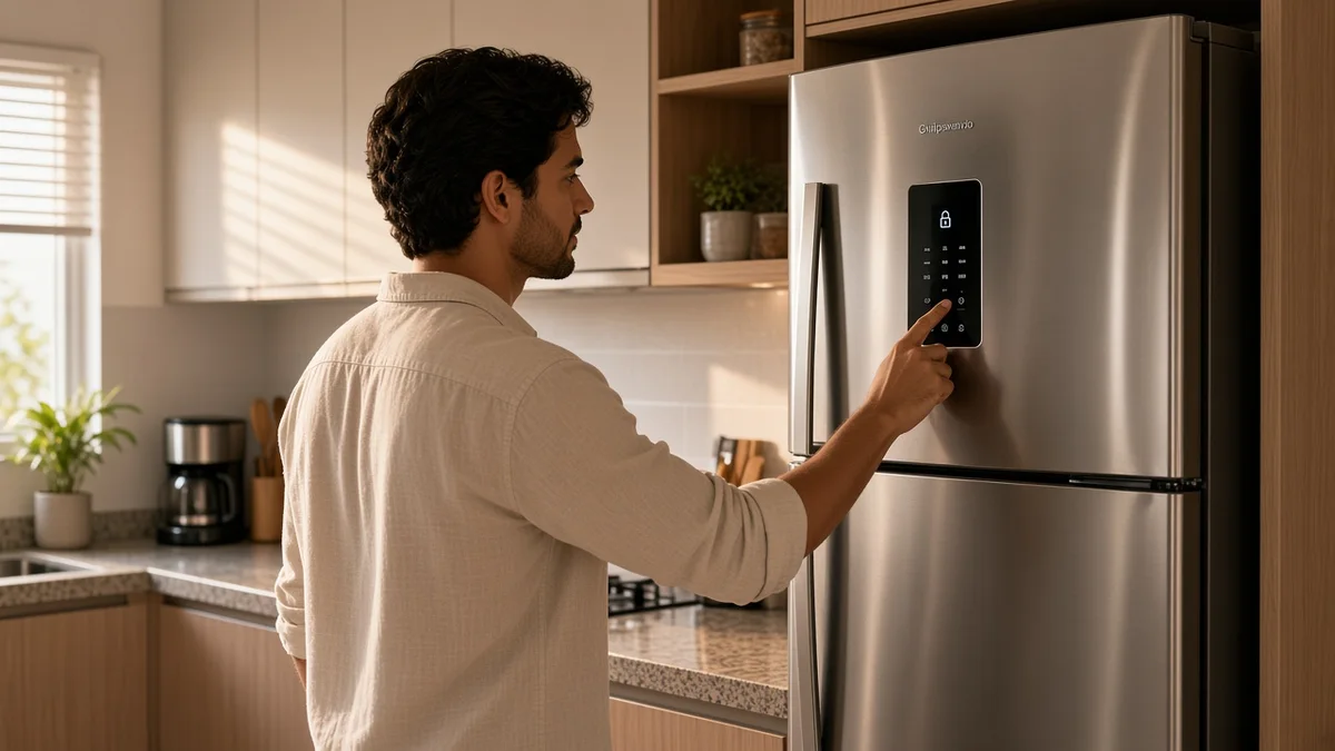 Pessoa mantém pressionada a trava no painel digital de uma geladeira Brastemp de inox, em cozinha brasileira bem iluminada e organizada para uso diário.