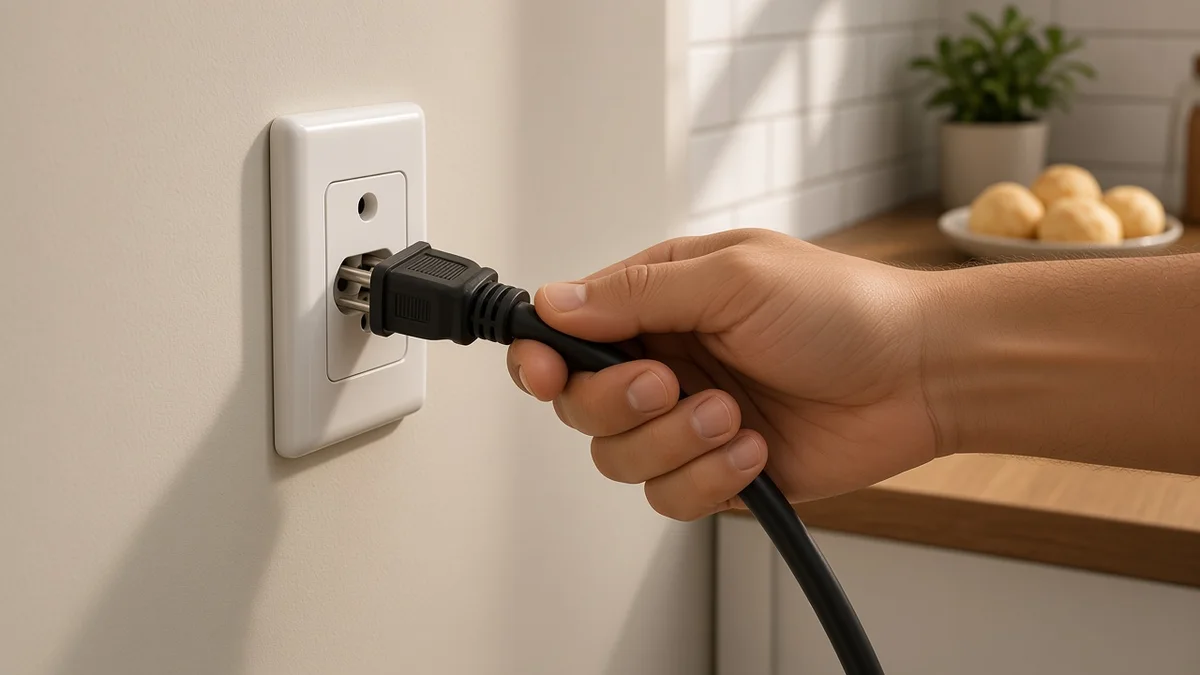 Mão encaixa com cuidado o plugue grosso de uma geladeira na tomada da cozinha brasileira, etapa do reinício elétrico do painel eletrônico digital.