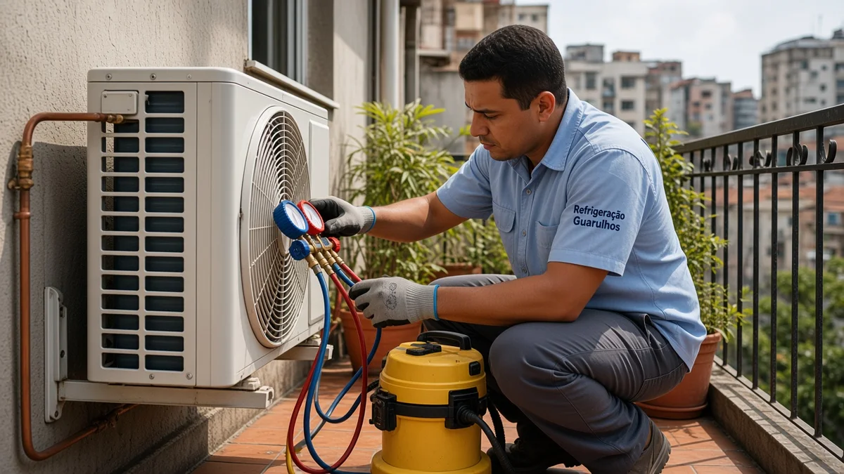 Técnico da Refrigeração Guarulhos conecta bomba de vácuo e manifold à condensadora de um split em área externa de apartamento urbano brasileiro.