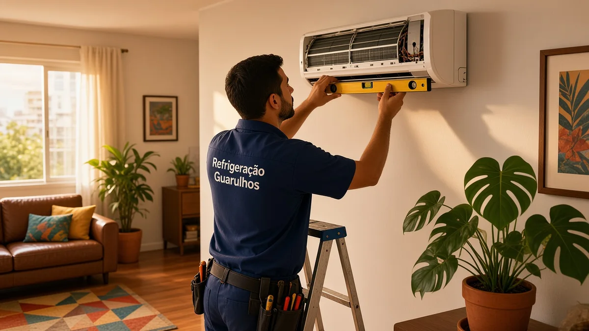 Técnico brasileiro da Refrigeração Guarulhos fixa a evaporadora de um ar-condicionado split em uma sala residencial, usando nível e ferramentas.