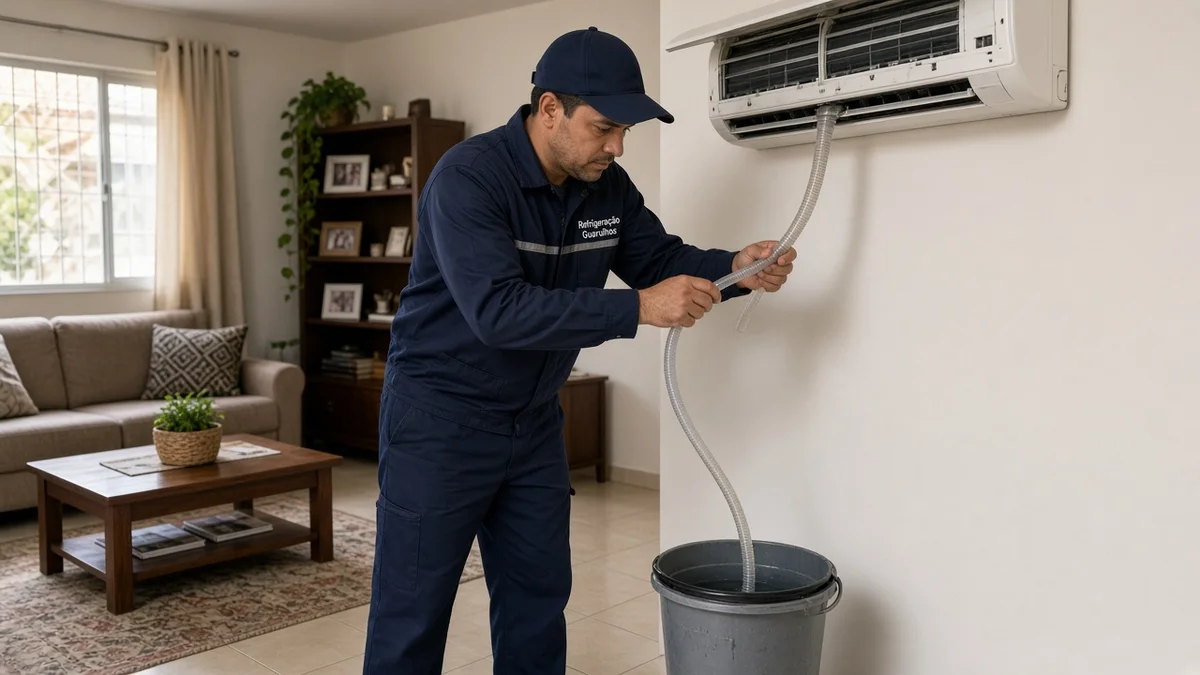 Técnico Refrigeração Guarulhos: tecnico desobstrui mangueira dreno split com balde sala brasileira, em cozinha residencial brasileira com luz natural realista.