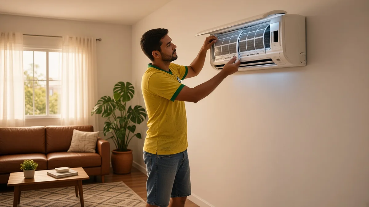 Pessoa abre o painel frontal de um ar-condicionado split residencial e identifica os filtros de malha antes de iniciar a retirada para limpeza segura.