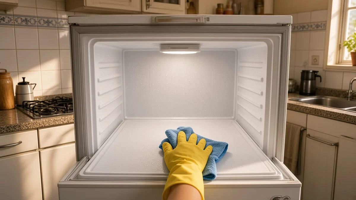 Mãos com luvas limpando o interior vazio de um freezer com pano de microfibra após o degelo, em uma cozinha residencial bem iluminada em Guarulhos.