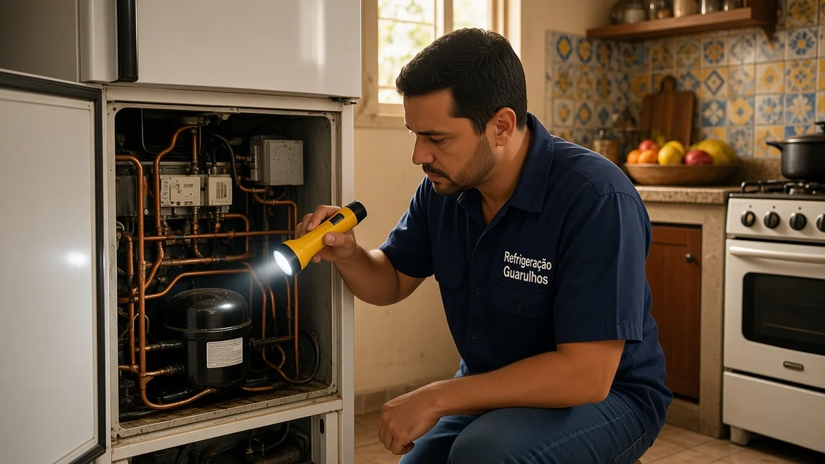 Técnico da Refrigeração Guarulhos inspeciona tubulações e procura marcas de óleo junto ao compressor de uma geladeira residencial durante diagnóstico seguro.