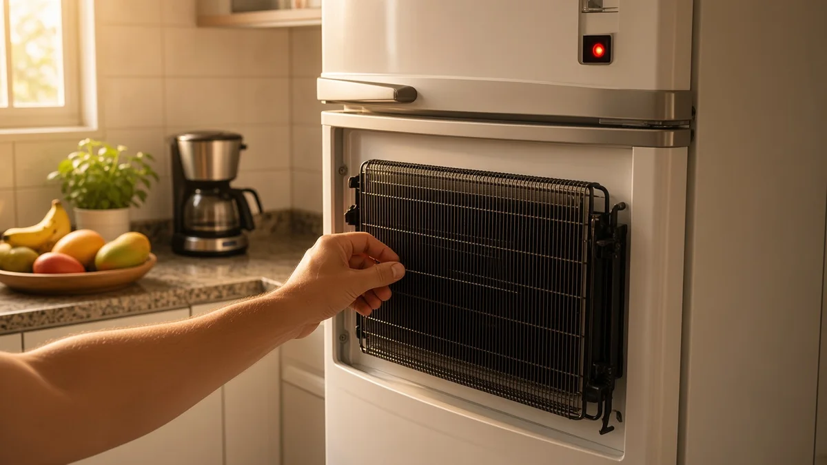 Mão verifica a temperatura da grade do condensador após dez minutos de funcionamento, teste inicial para suspeita de pouco gás na geladeira.
