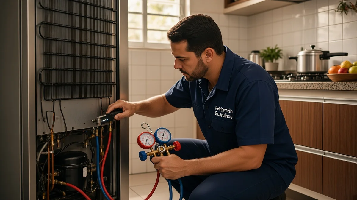 Técnico da Refrigeração Guarulhos usa manômetro e detector de vazamento na traseira de uma geladeira em cozinha residencial brasileira, em Guarulhos.