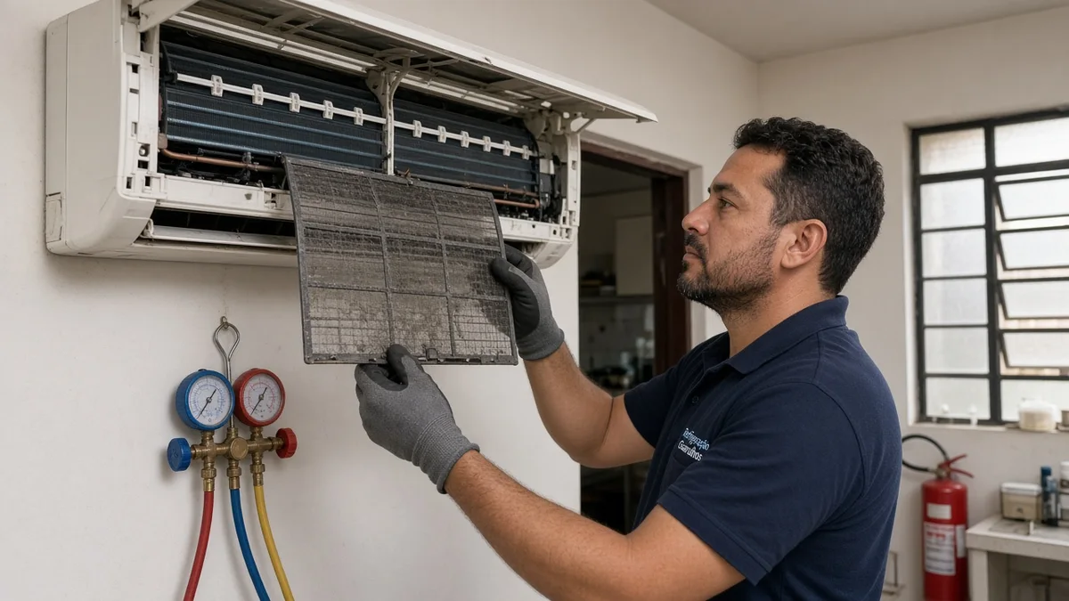Na secção do artigo: evaporador split aberto com bobinas e filtro parcialmente retirado. Uniforme Refrigeração Guarulhos e equipamentos de serviço à vista.