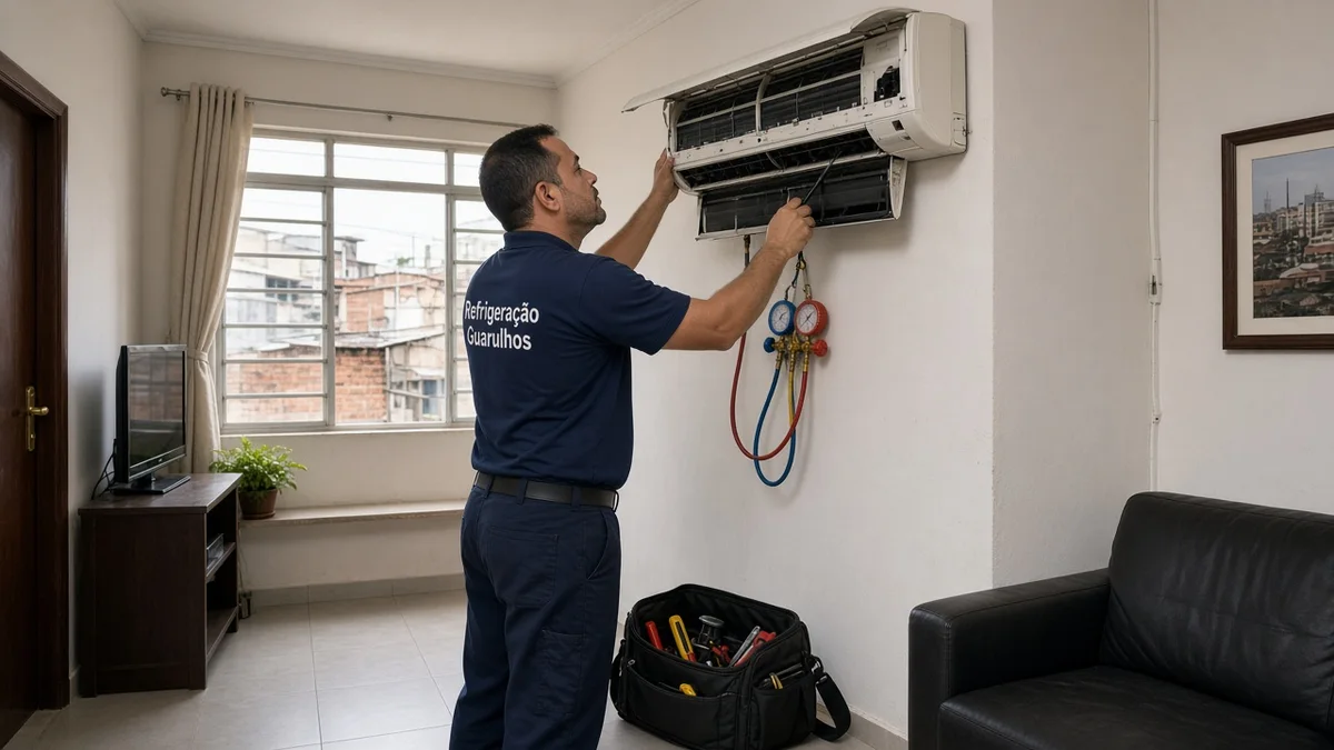 Técnico Refrigeração Guarulhos: tecnico inspeciona split interno com ferramentas em sala brasileira, em cozinha residencial brasileira com luz natural realista.
