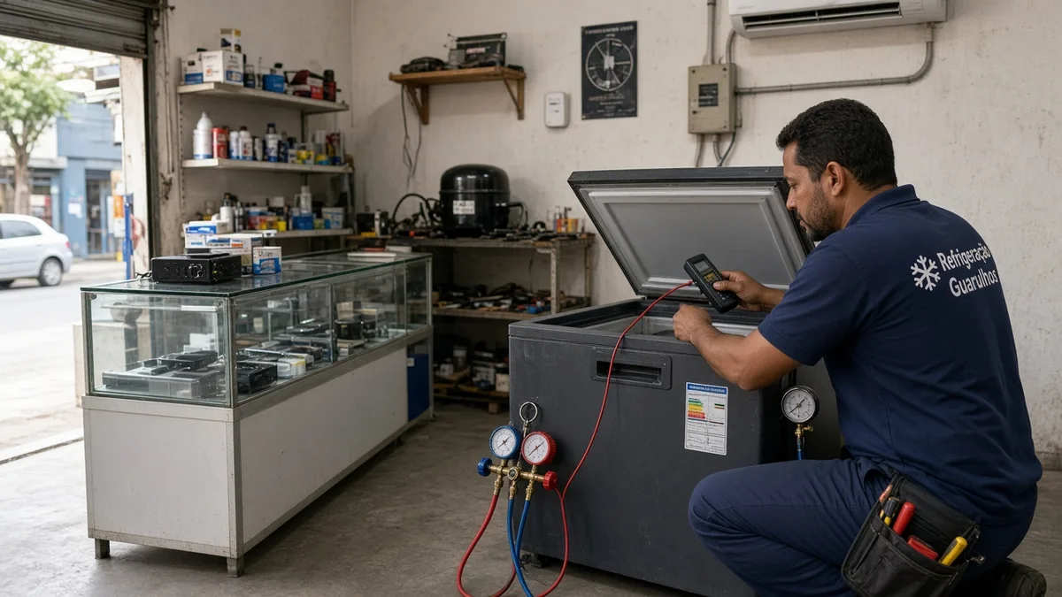Tecnico inspeciona freezer que nao congela com termometro e ferramentas — técnico Refrigeração Guarulhos em cozinha brasileira iluminada, equipamentos visíveis.