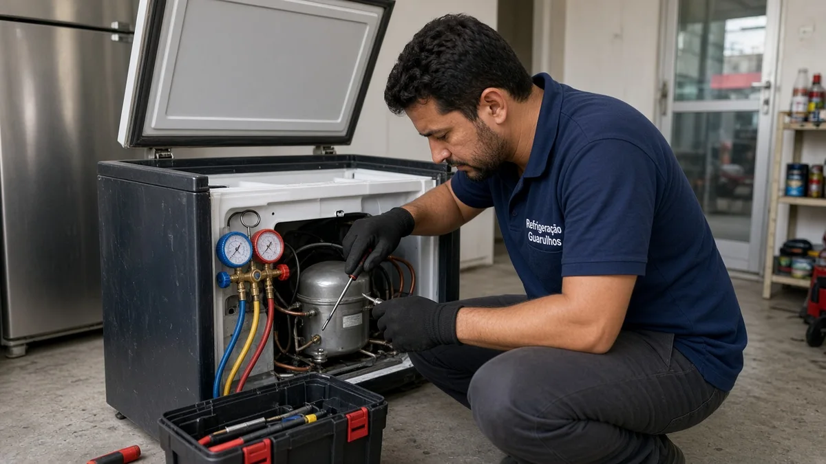 Tecnico testa motor do freezer horizontal com ferramentas, em residência brasileira, com técnico Refrigeração Guarulhos e materiais e ferramentas ao lado.