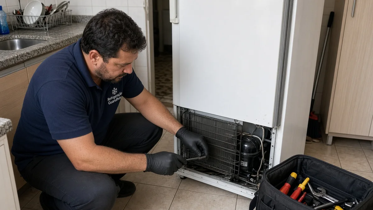 Mãos de técnico fazendo manutenção preventiva em geladeira residencial, com limpeza e checagem de componentes para evitar que ela pare de gelar