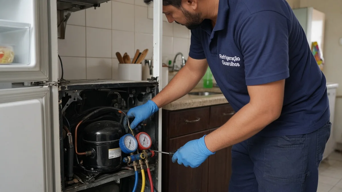 Mãos de técnico examinando componentes internos de uma geladeira que não gela em residência brasileira, com ferramentas de refrigeração à vista