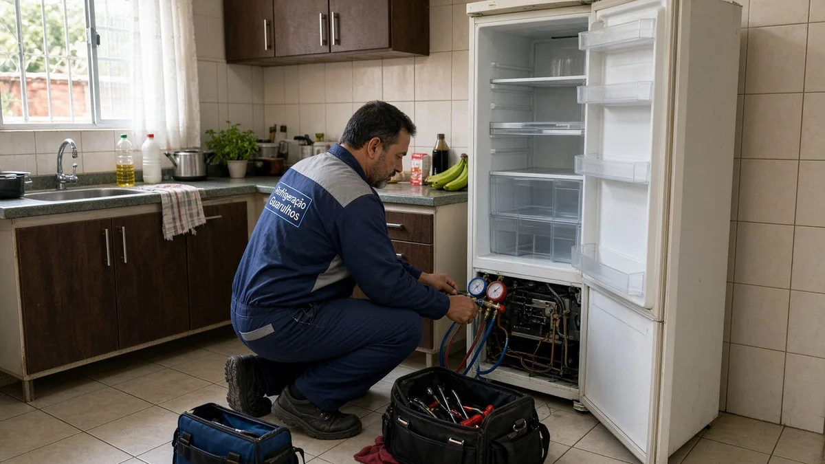 Técnico em uniforme de serviço atende diagnóstico inicial em cozinha residencial brasileira, ferramentas e equipamento à vista, luz natural de janela, cenário.