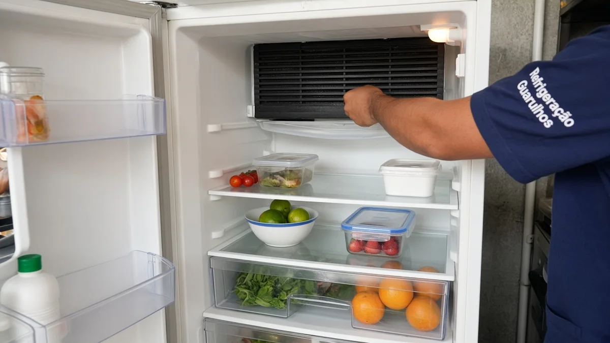 Na secção do artigo: detalhe de evaporador e prateleiras internas da geladeira aberta. Uniforme Refrigeração Guarulhos e equipamentos de serviço à vista.