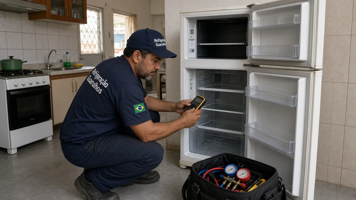 Capa do artigo: tecnico inspeciona geladeira aberta em cozinha residencial brasileira. Técnico Refrigeração Guarulhos, ambiente residencial brasileiro realista.