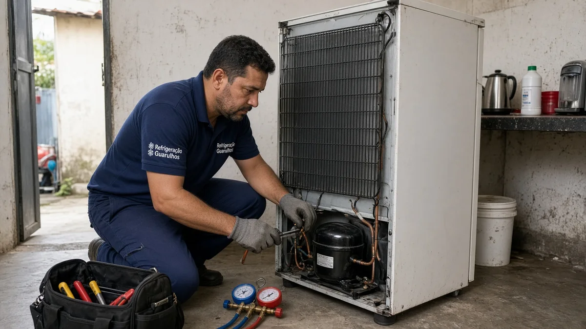 Técnico Refrigeração Guarulhos: tecnico inspeciona parte traseira da geladeira com ferramentas, em cozinha residencial brasileira com luz natural realista.
