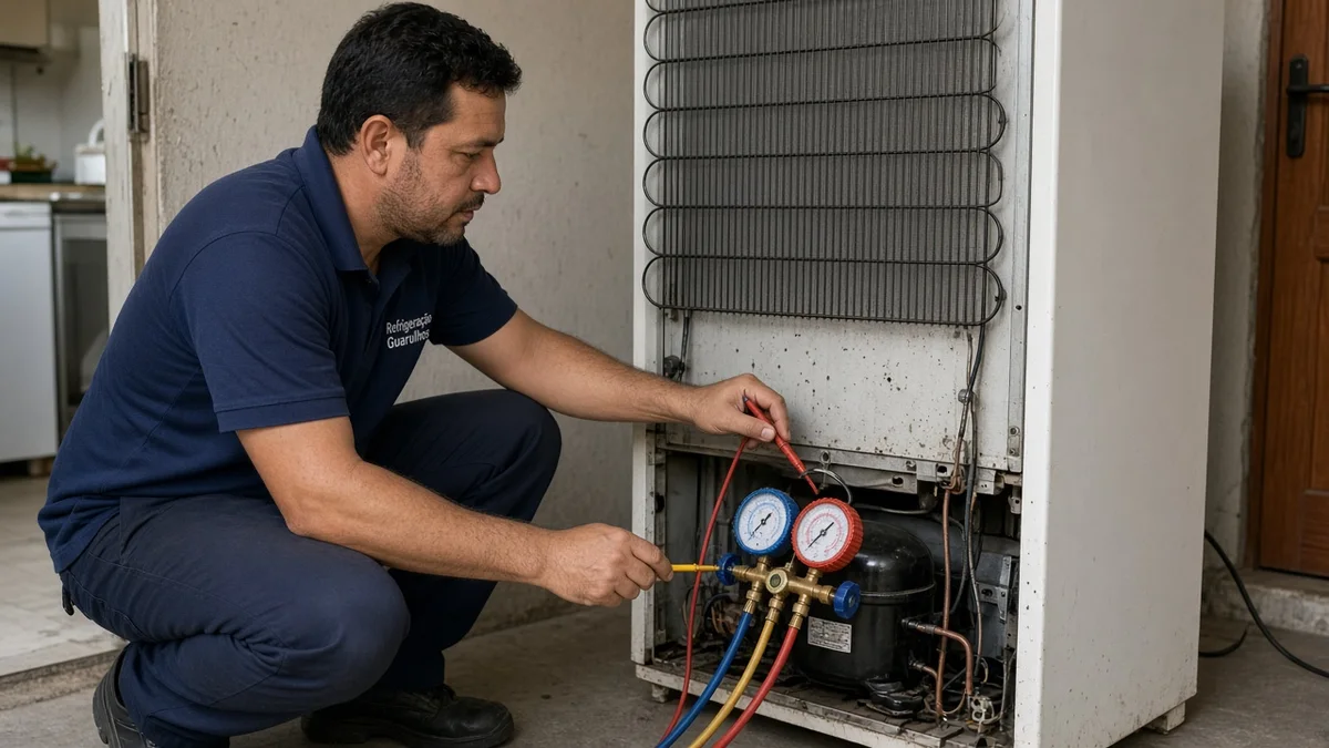Tecnico testa compressor e cabos na parte traseira da geladeira, em residência brasileira, com técnico Refrigeração Guarulhos e materiais e ferramentas ao lado.