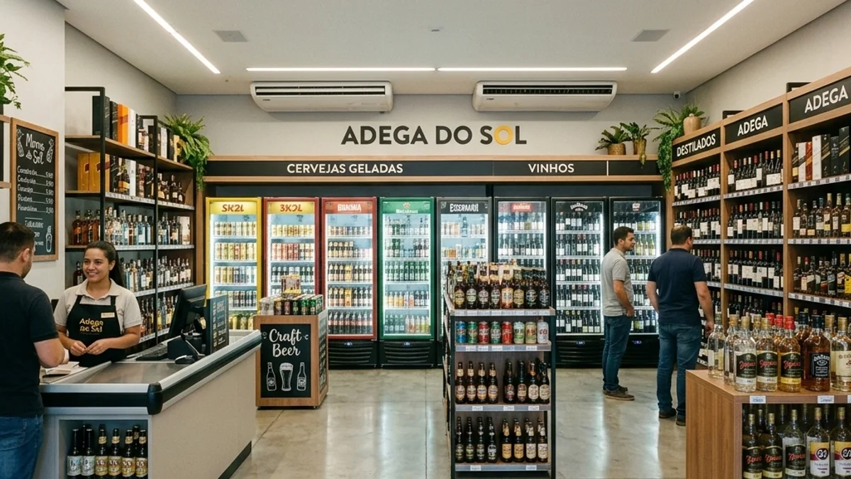 Operações com bebidas. Interior de uma loja de bebidas moderna no Brasil, com paredes repletas de expositores refrigerados e um ambiente limpo e totalmente climatizado