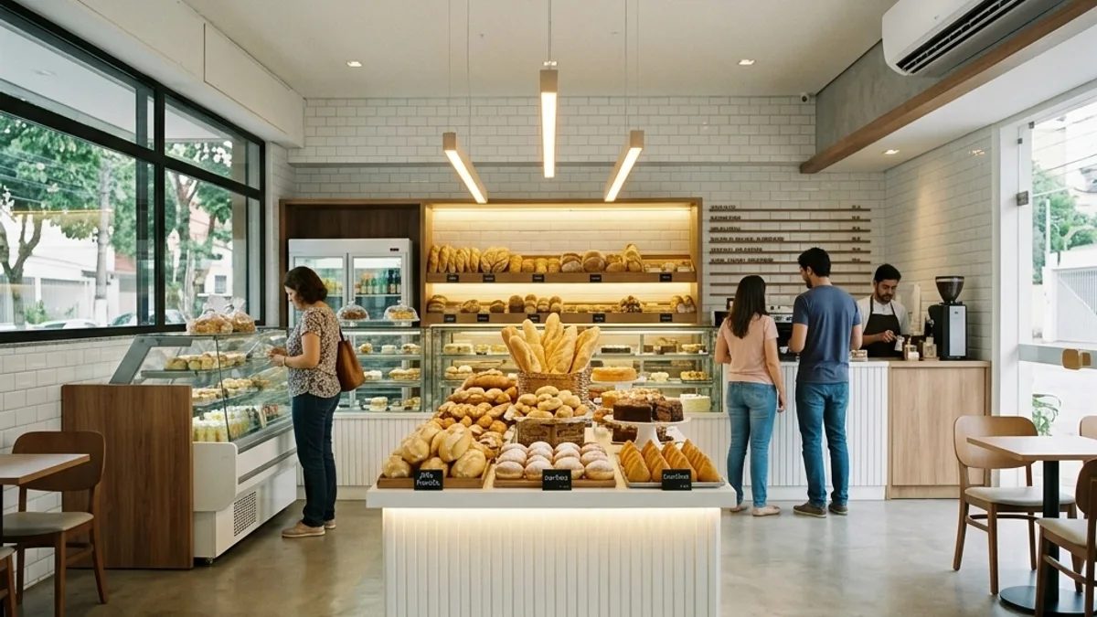 Padarias. Interior de uma padaria moderna no Brasil com balcões de pães frescos, destacando o ambiente confortável e bem iluminado com ar-condicionado